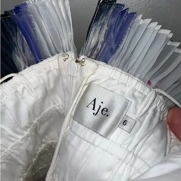 Aje Celestial Pleated Organza Sleeveless Mini Dress Abstract Pink Blue Size 6